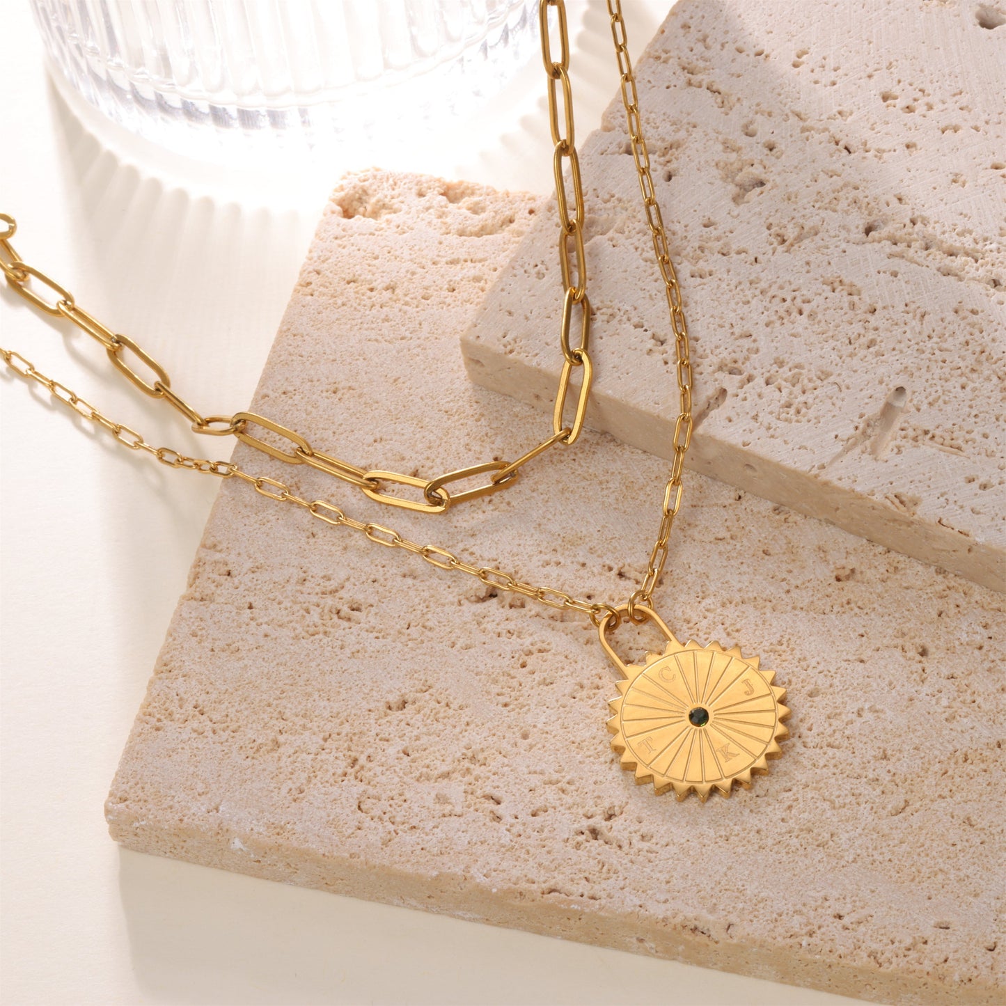 Personalized Sun Padlock Necklace with Initials & Stone