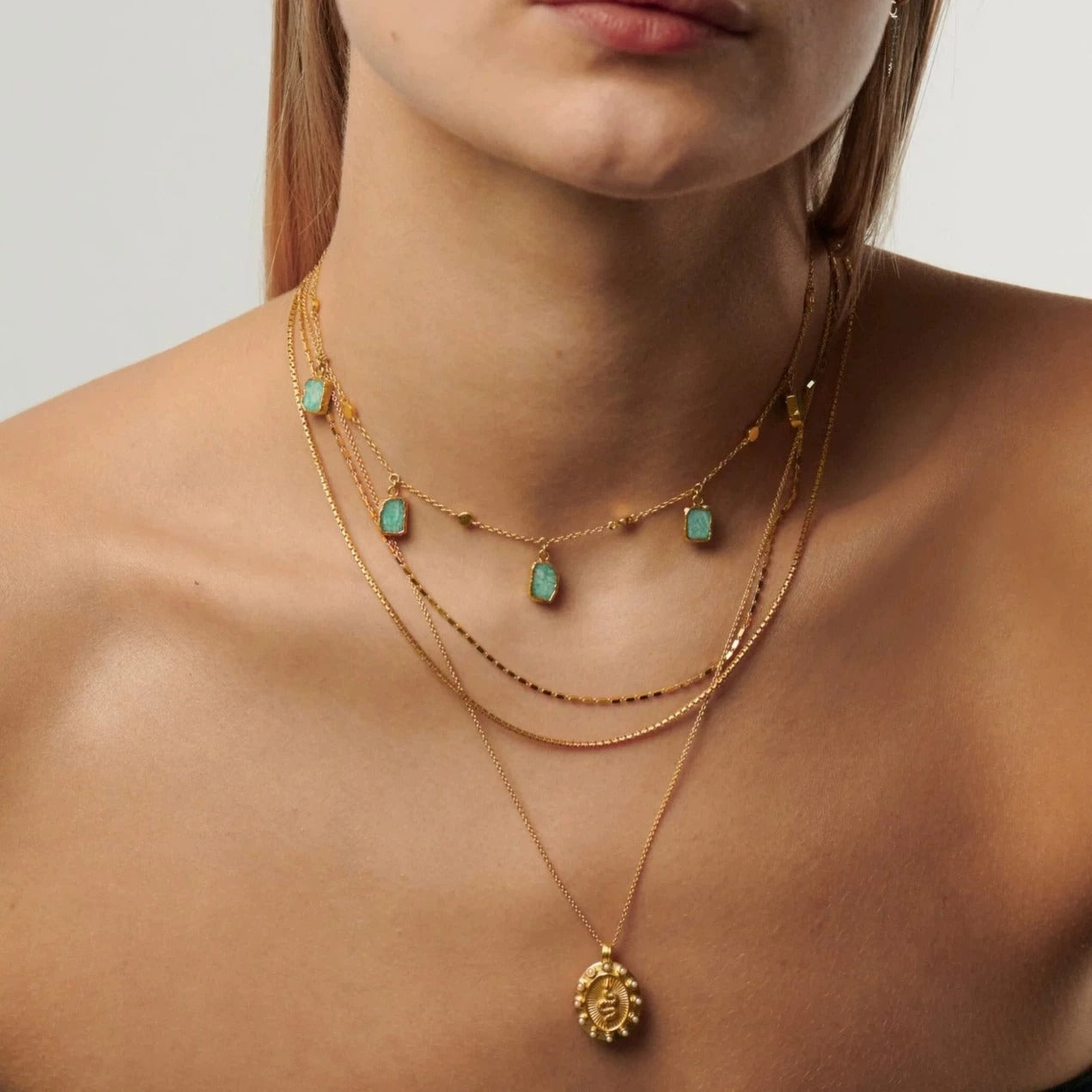 Amazonite Charm Choker Layered Necklace