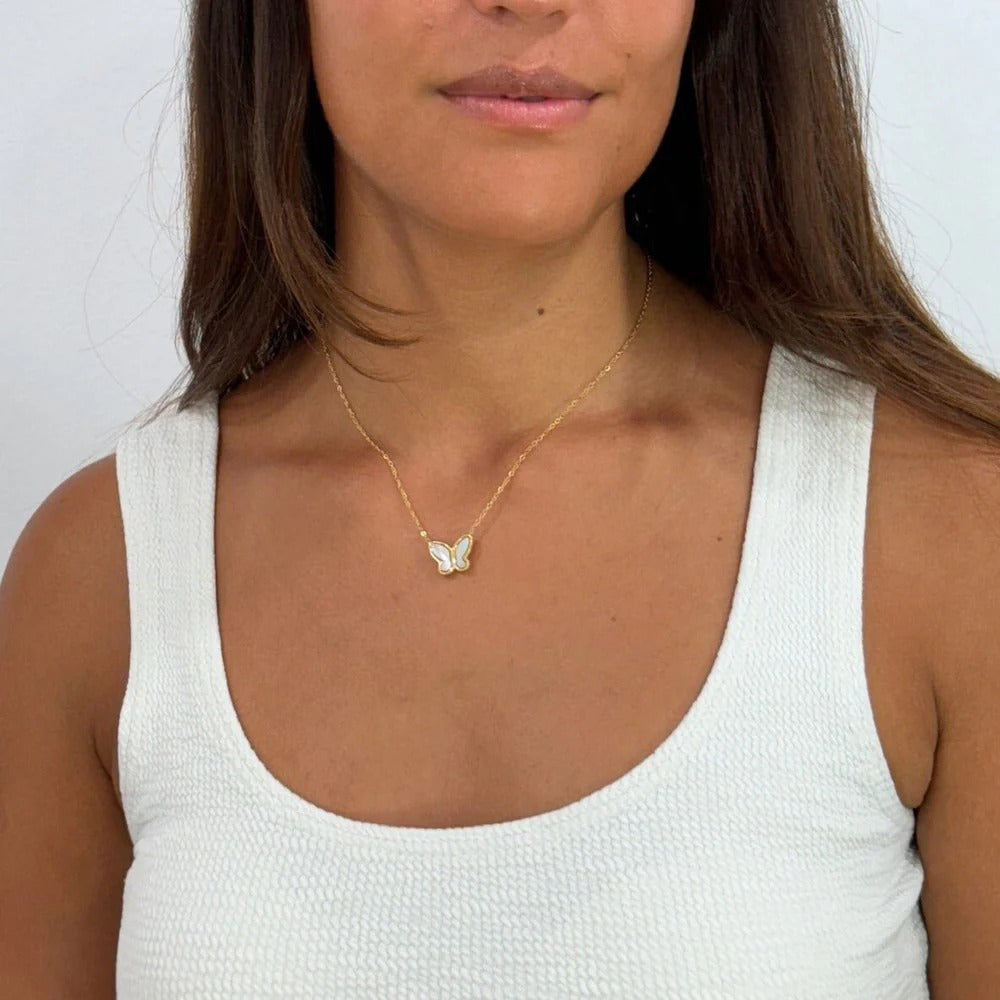 Butterfly Pendant Necklace with Mother of Pearl Inlay
