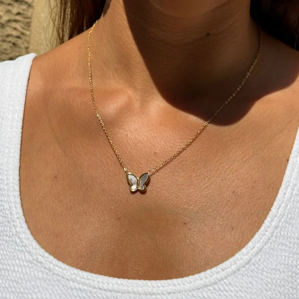 Butterfly Pendant Necklace with Mother of Pearl Inlay