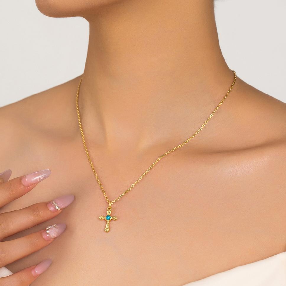 Cross With Turquoise Stone Pendant Necklace