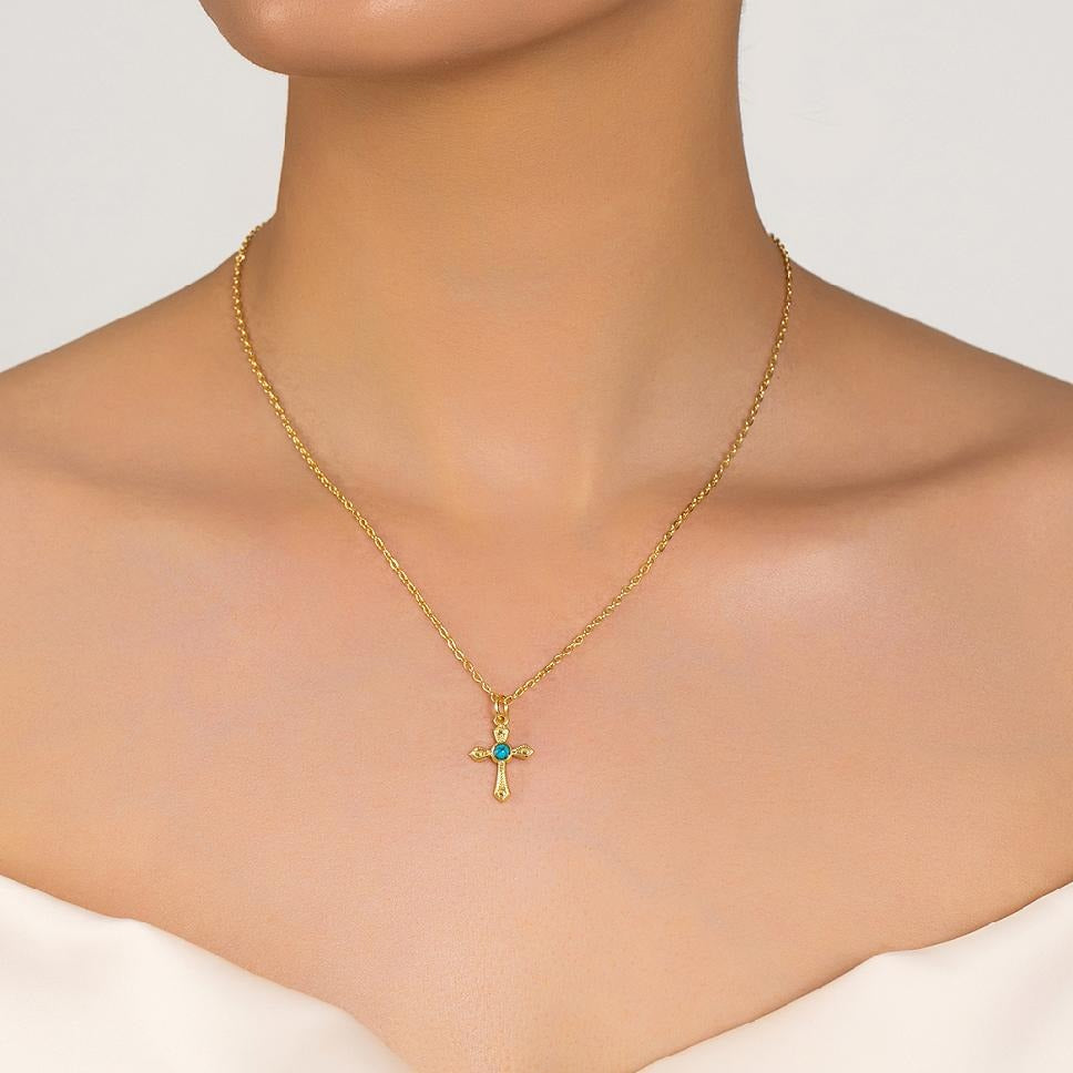 Cross With Turquoise Stone Pendant Necklace