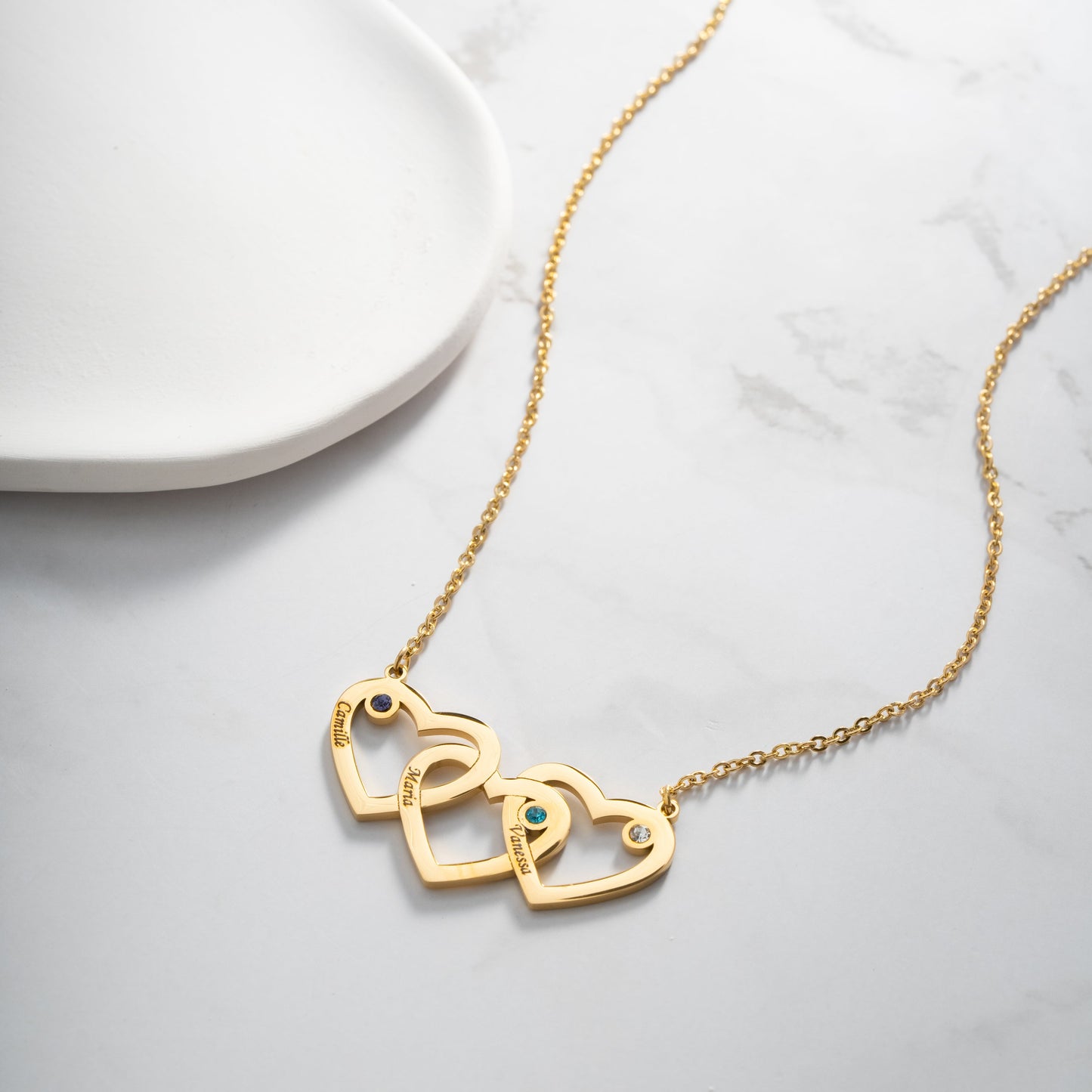 Triple Heart Horizontal Necklace With Triple Birthstone