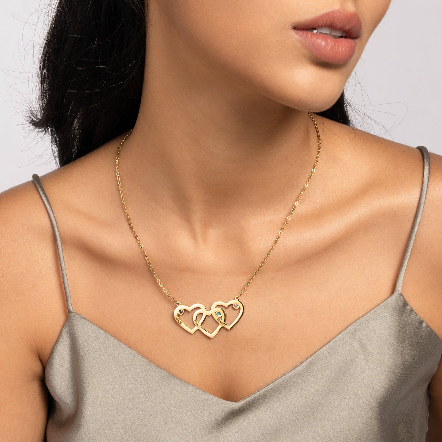 Triple Heart Horizontal Necklace With Triple Birthstone