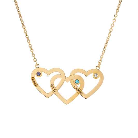 Triple Heart Horizontal Necklace With Triple Birthstone