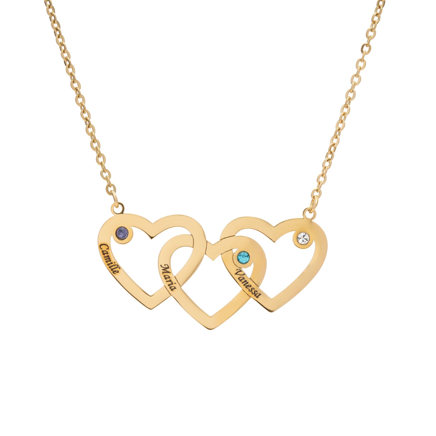 Triple Heart Horizontal Necklace With Triple Birthstone