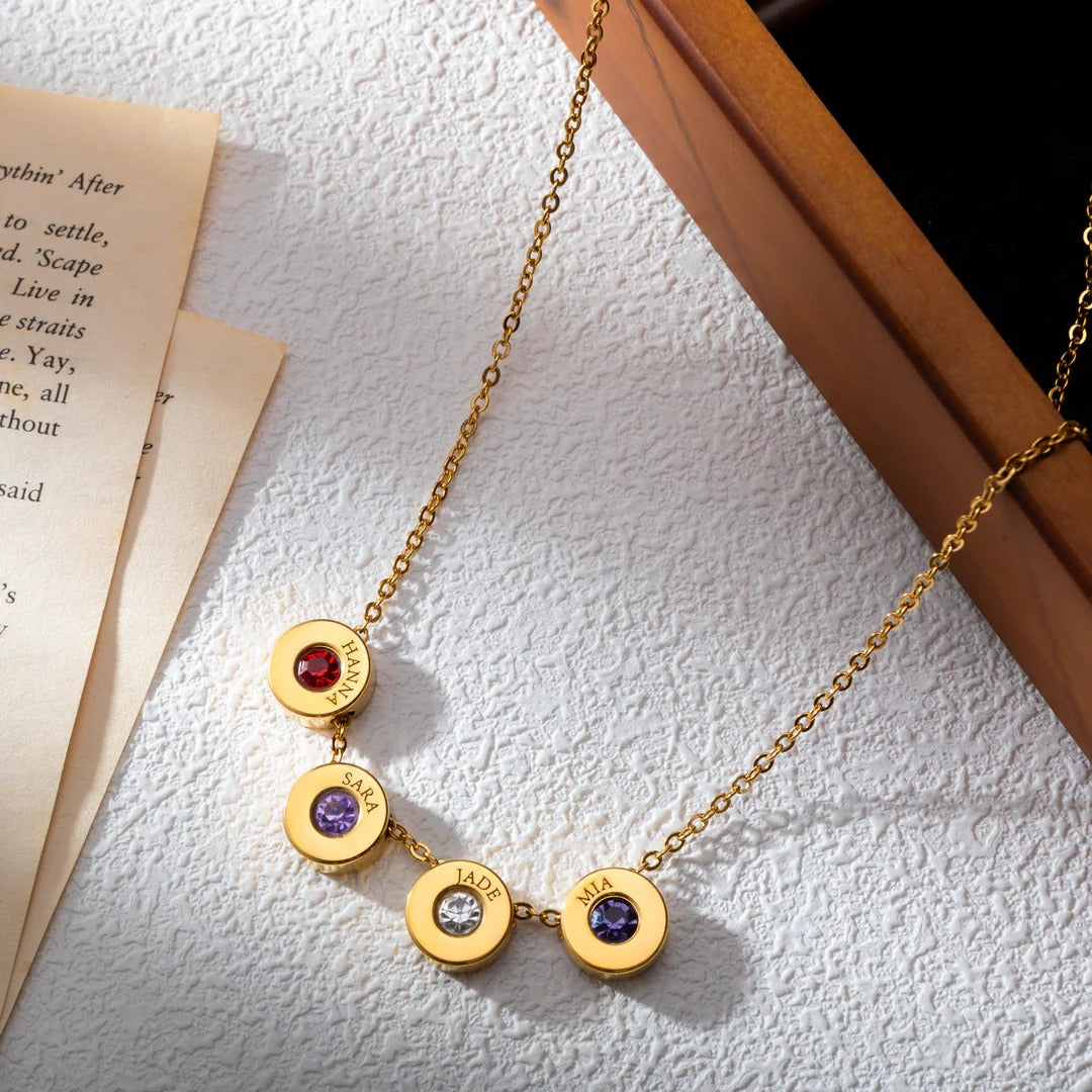 Engraved Bead Necklace with Names & Birthstones