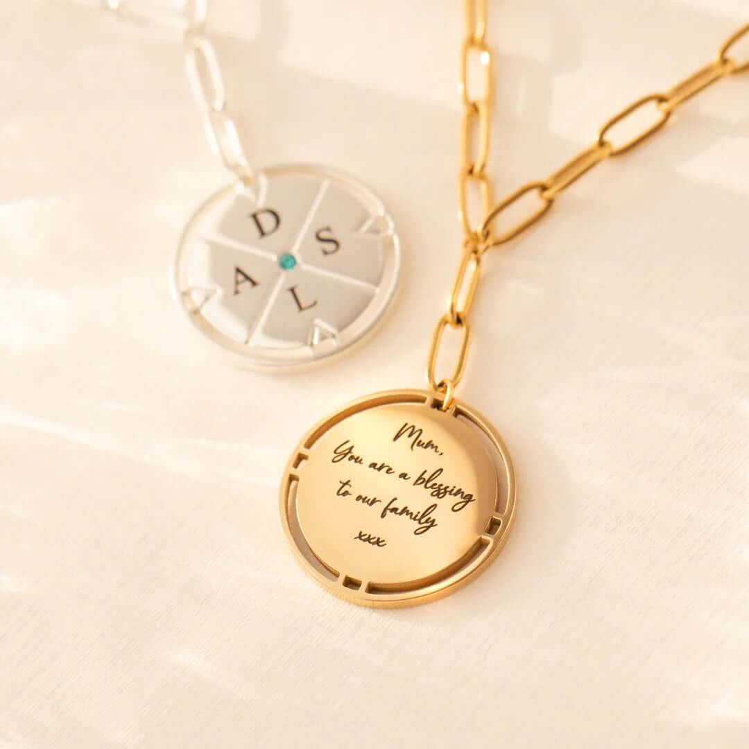 Engraved Compass Necklace With Birthstone