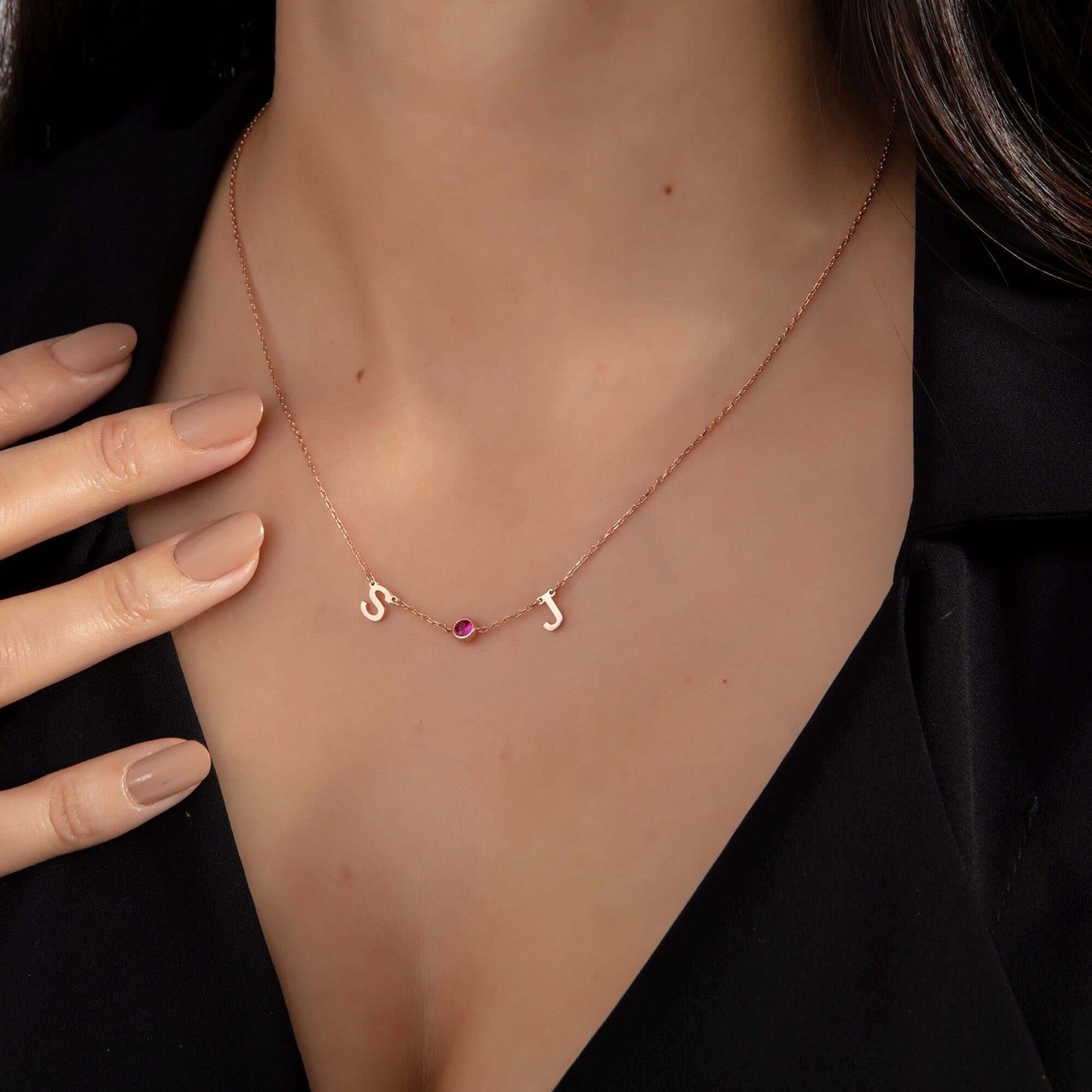 Double Initial Birthstone Necklace