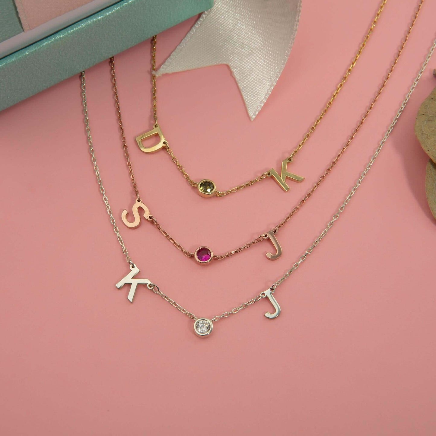 Double Initial Birthstone Necklace