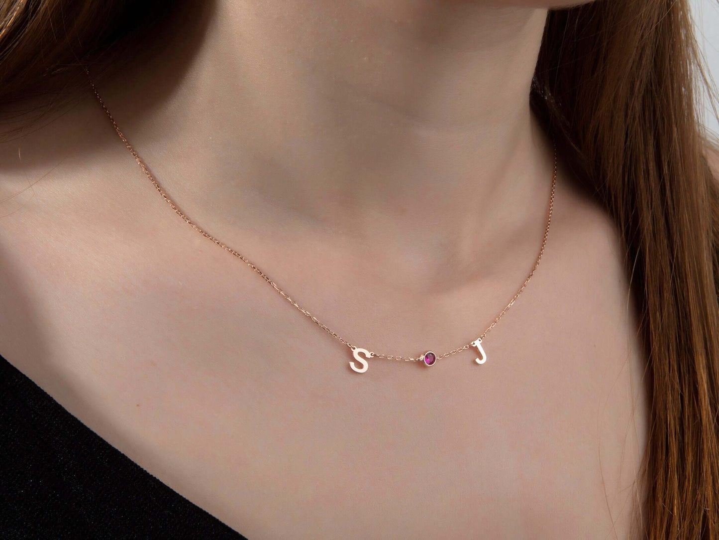 Double Initial Birthstone Necklace