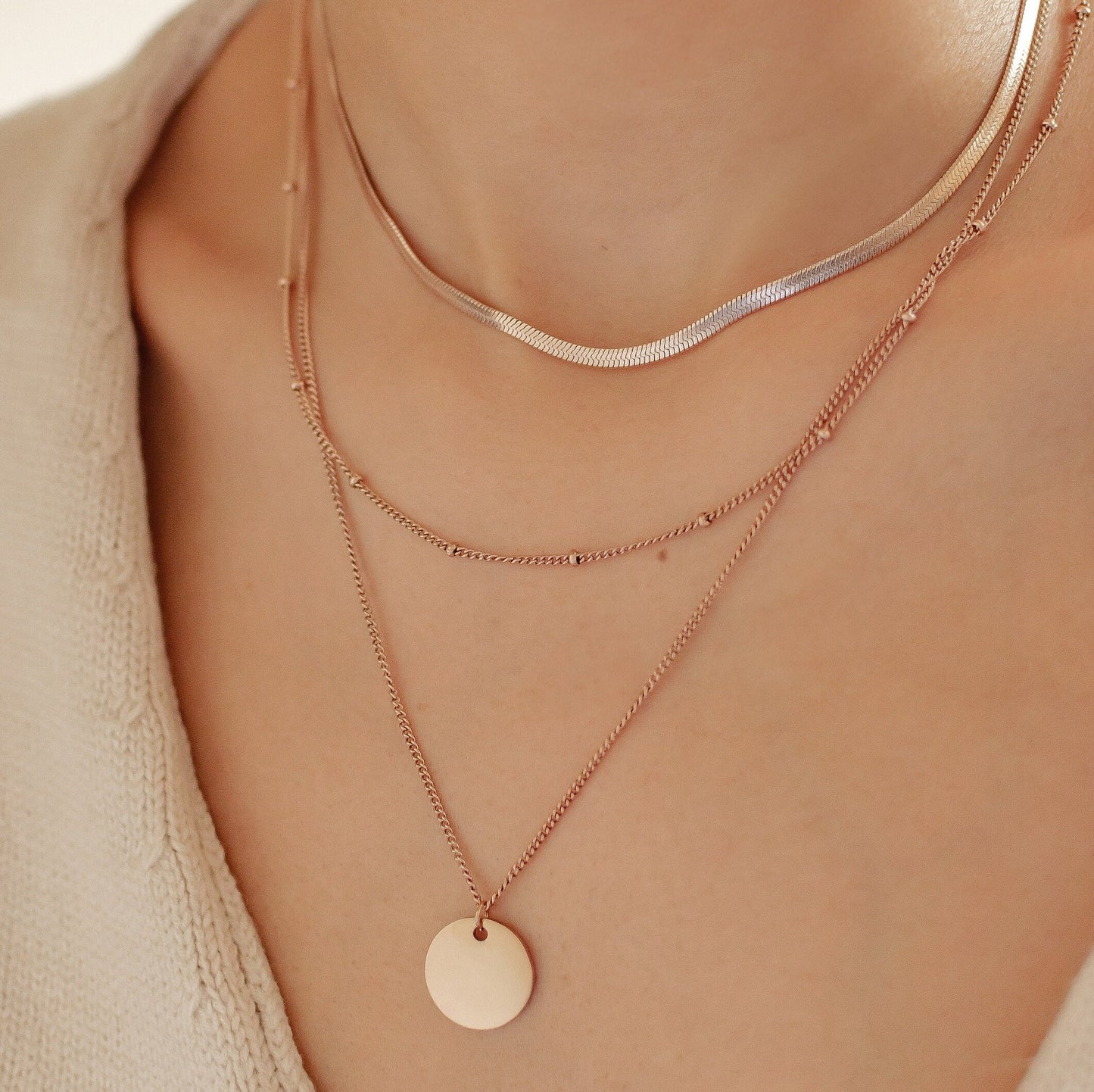 Herringbone Choker Chain With Pendant Layered Necklace