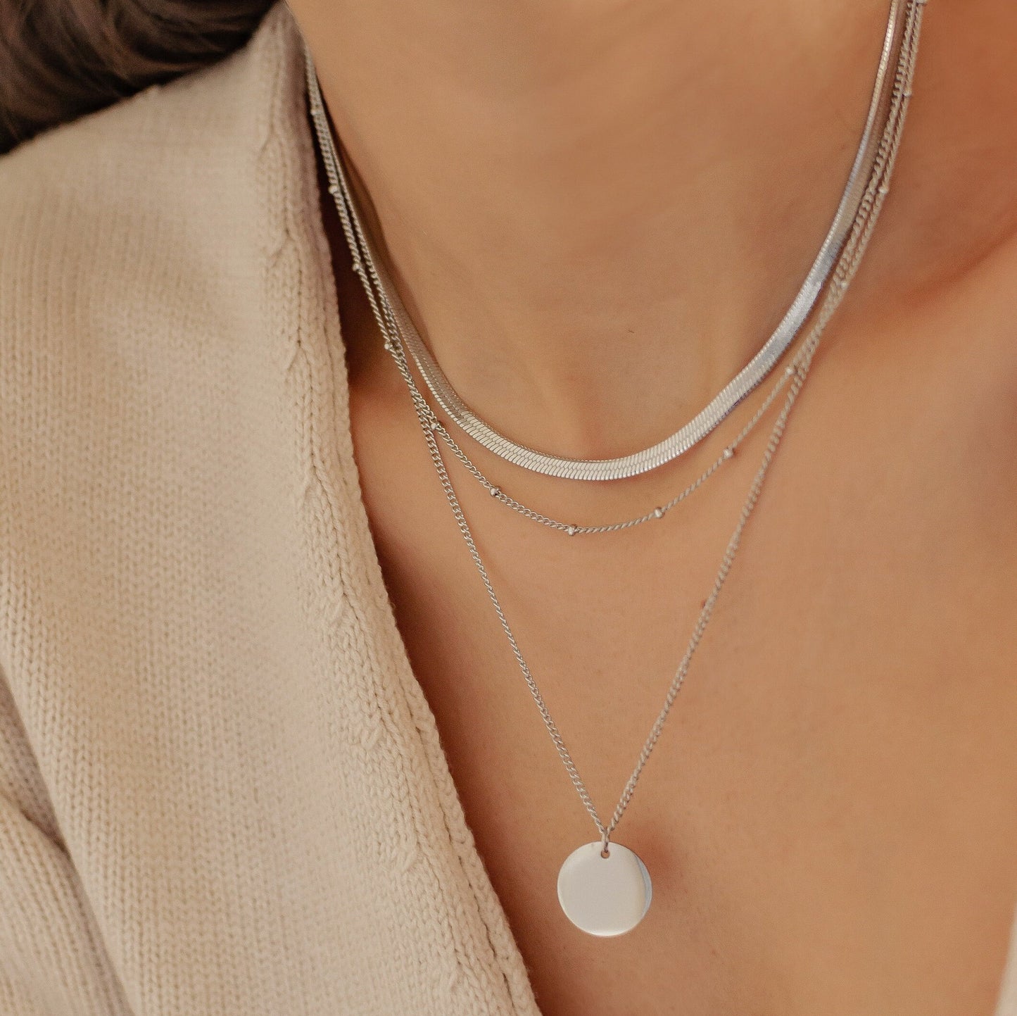 Herringbone Choker Chain With Pendant Layered Necklace