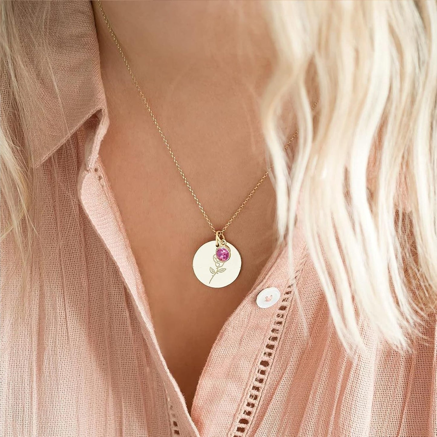 Month Floral Disc With Birthstone Necklace