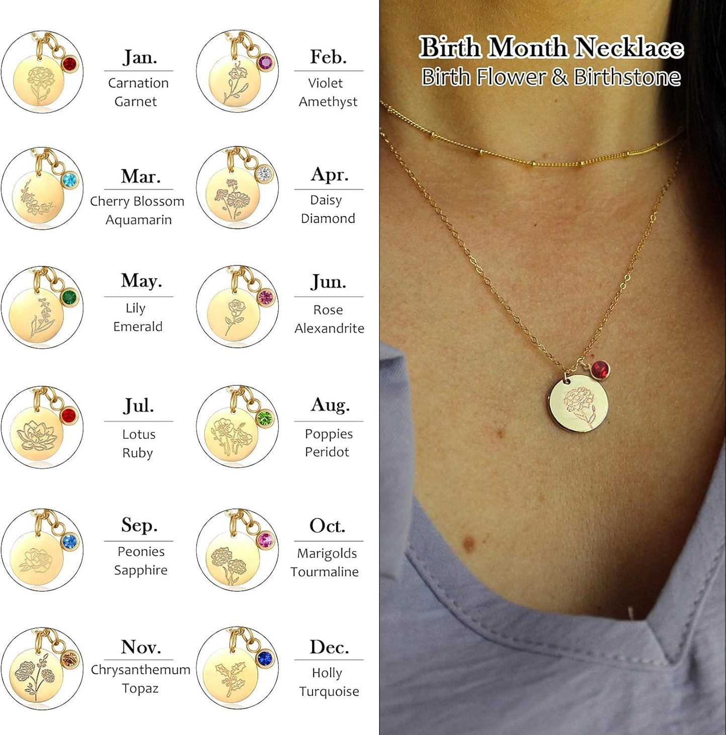 Month Floral Disc With Birthstone Necklace