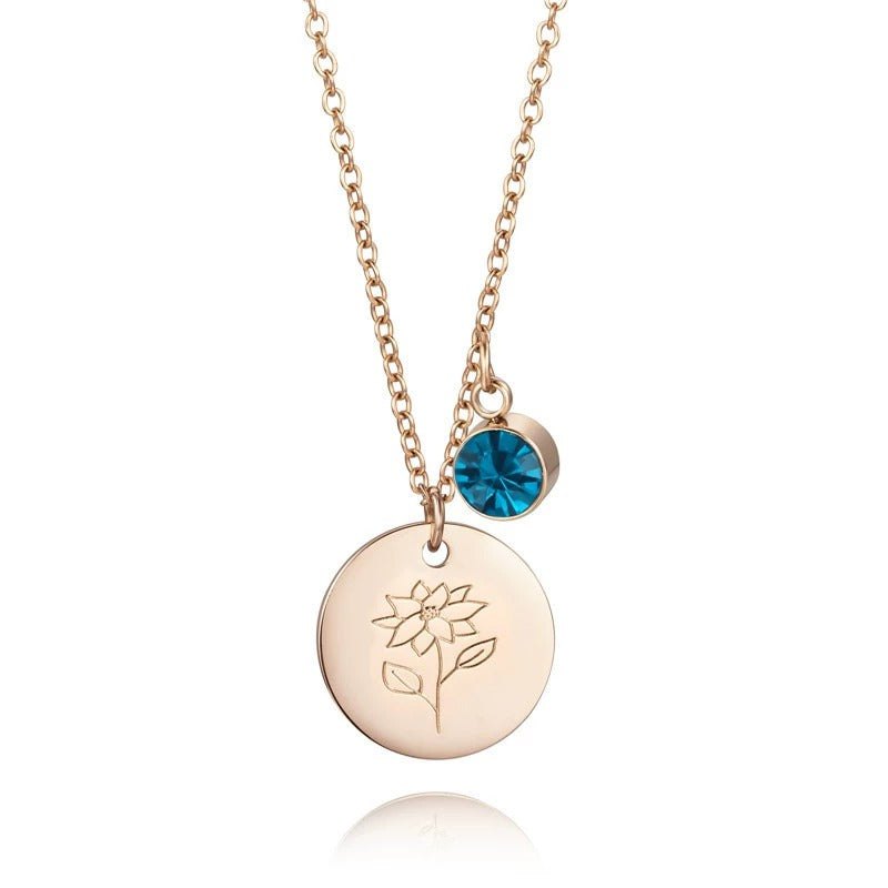 Month Floral Disc With Birthstone Necklace