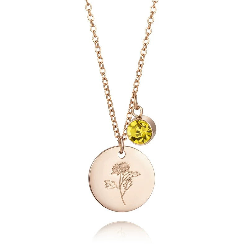 Month Floral Disc With Birthstone Necklace