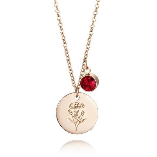 Month Floral Disc With Birthstone Necklace