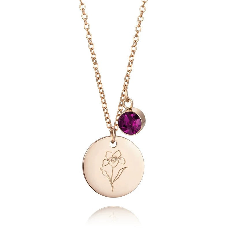 Month Floral Disc With Birthstone Necklace