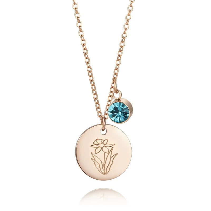 Month Floral Disc With Birthstone Necklace