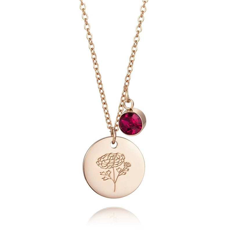 Month Floral Disc With Birthstone Necklace