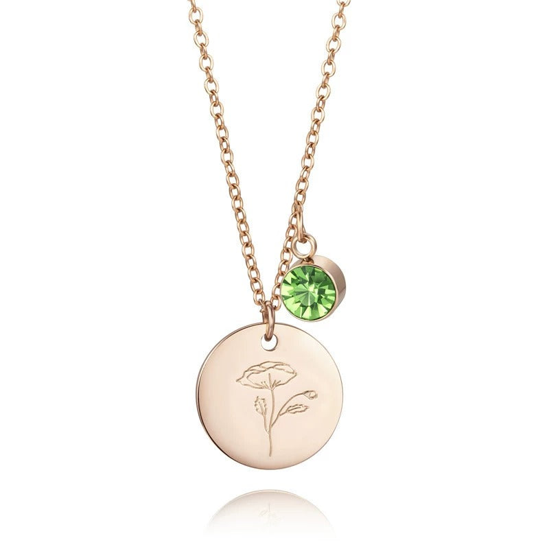 Month Floral Disc With Birthstone Necklace