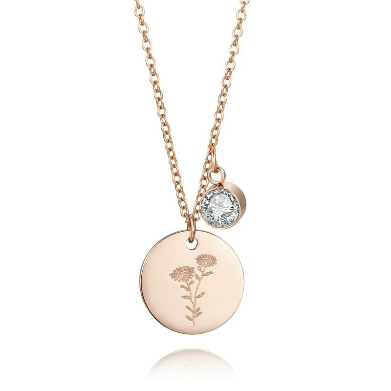 Month Floral Disc With Birthstone Necklace
