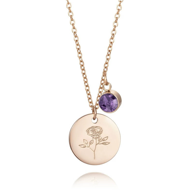 Month Floral Disc With Birthstone Necklace