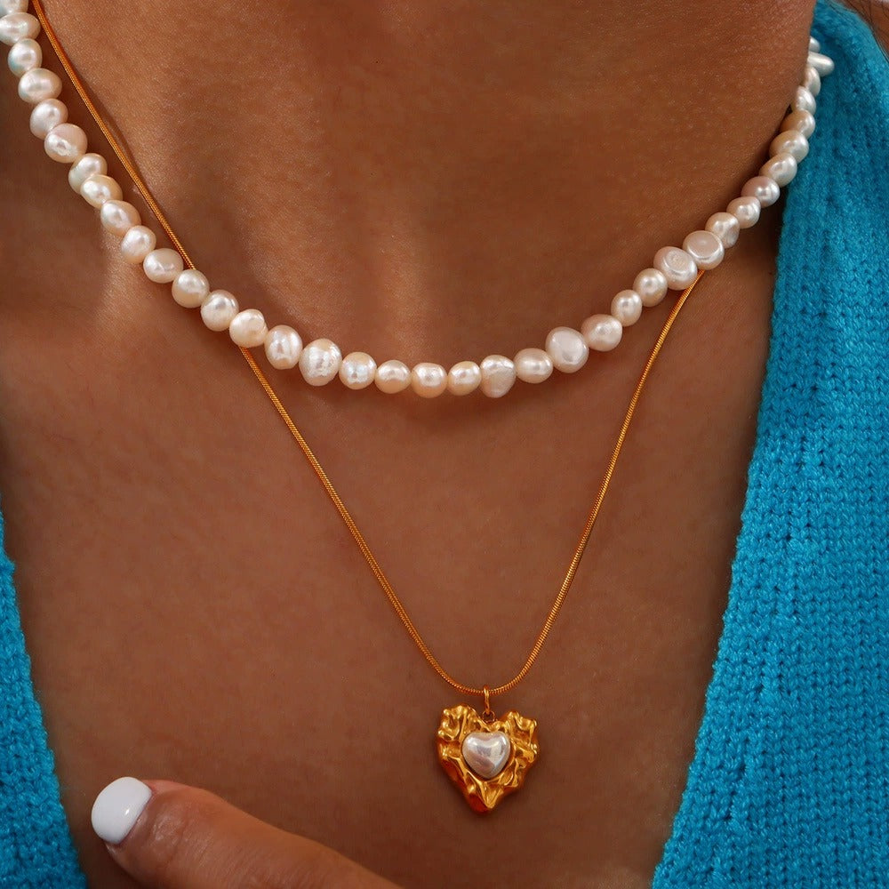 Natrual Pearl Heart Pendant With Layered Pearl Necklace