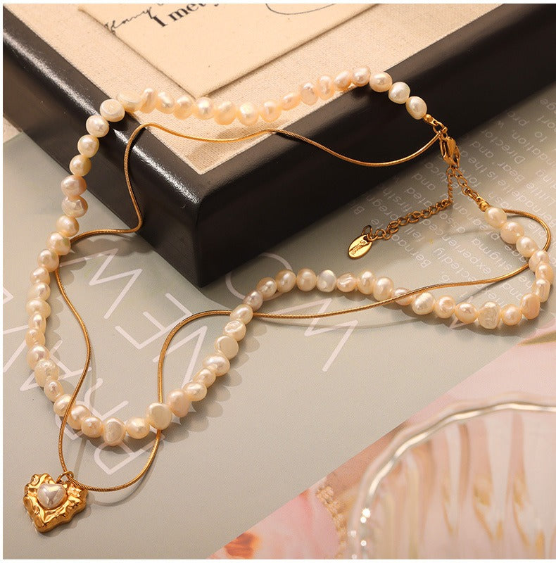 Natrual Pearl Heart Pendant With Layered Pearl Necklace