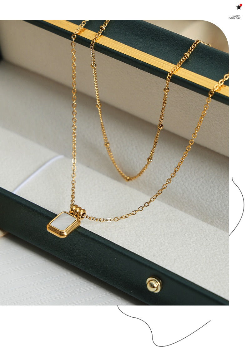 SQUARE SHELL PENDANT DOUBLE LAYER NECKLACE