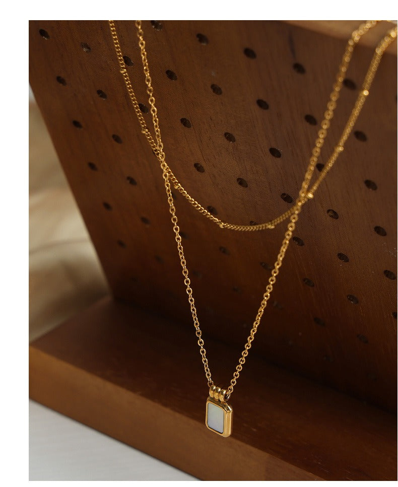 SQUARE SHELL PENDANT DOUBLE LAYER NECKLACE