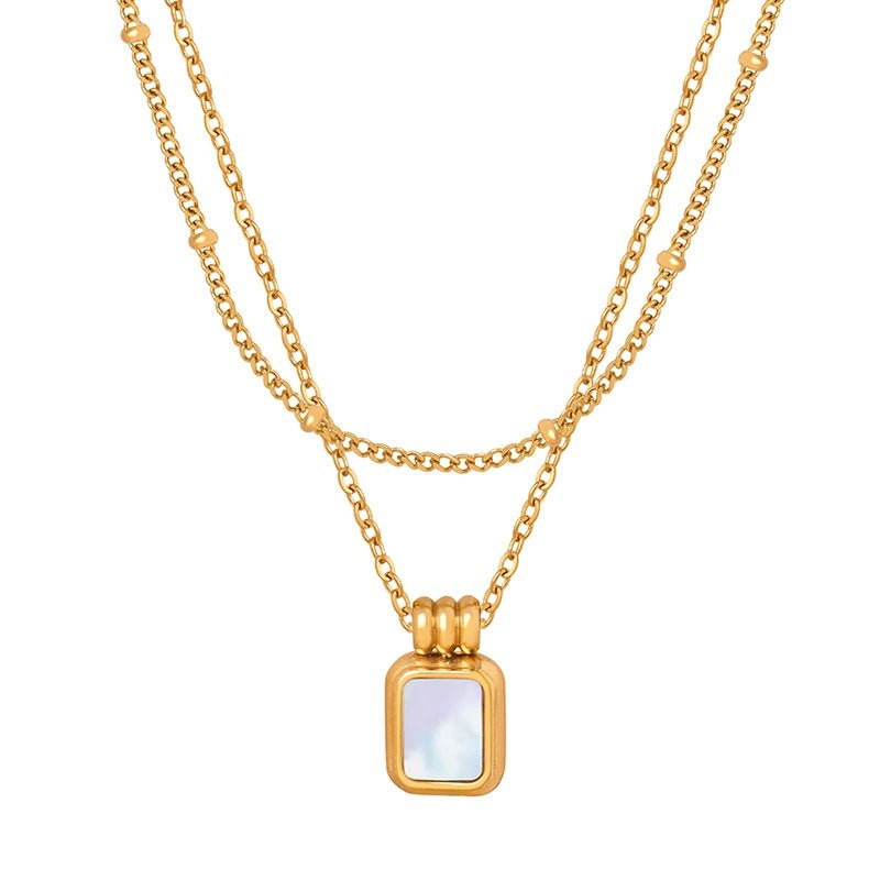SQUARE SHELL PENDANT DOUBLE LAYER NECKLACE