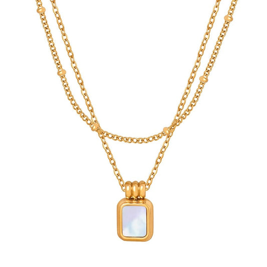SQUARE SHELL PENDANT DOUBLE LAYER NECKLACE