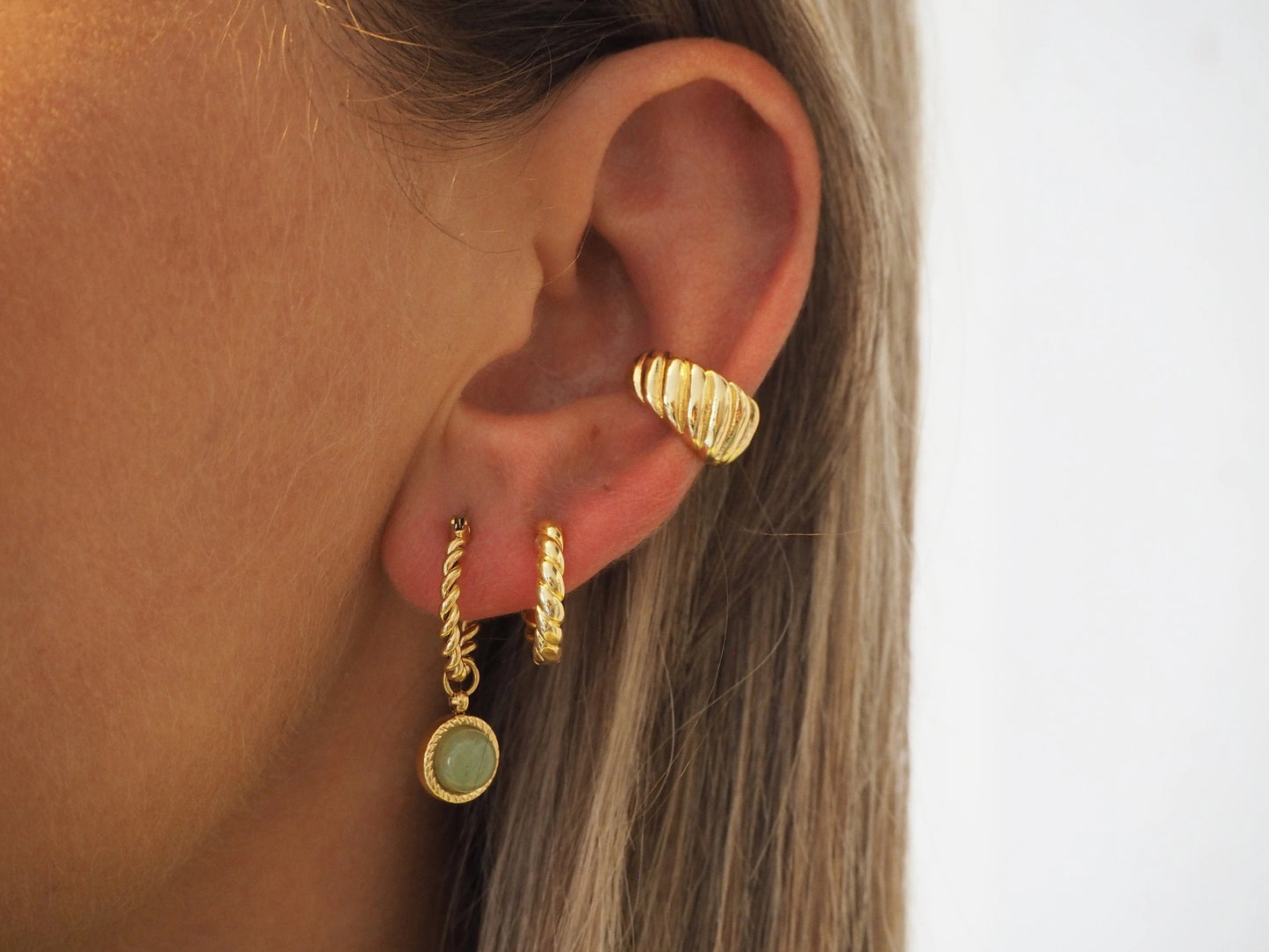 Twisted Huggie Hoop With Green Gemstone Earrings
