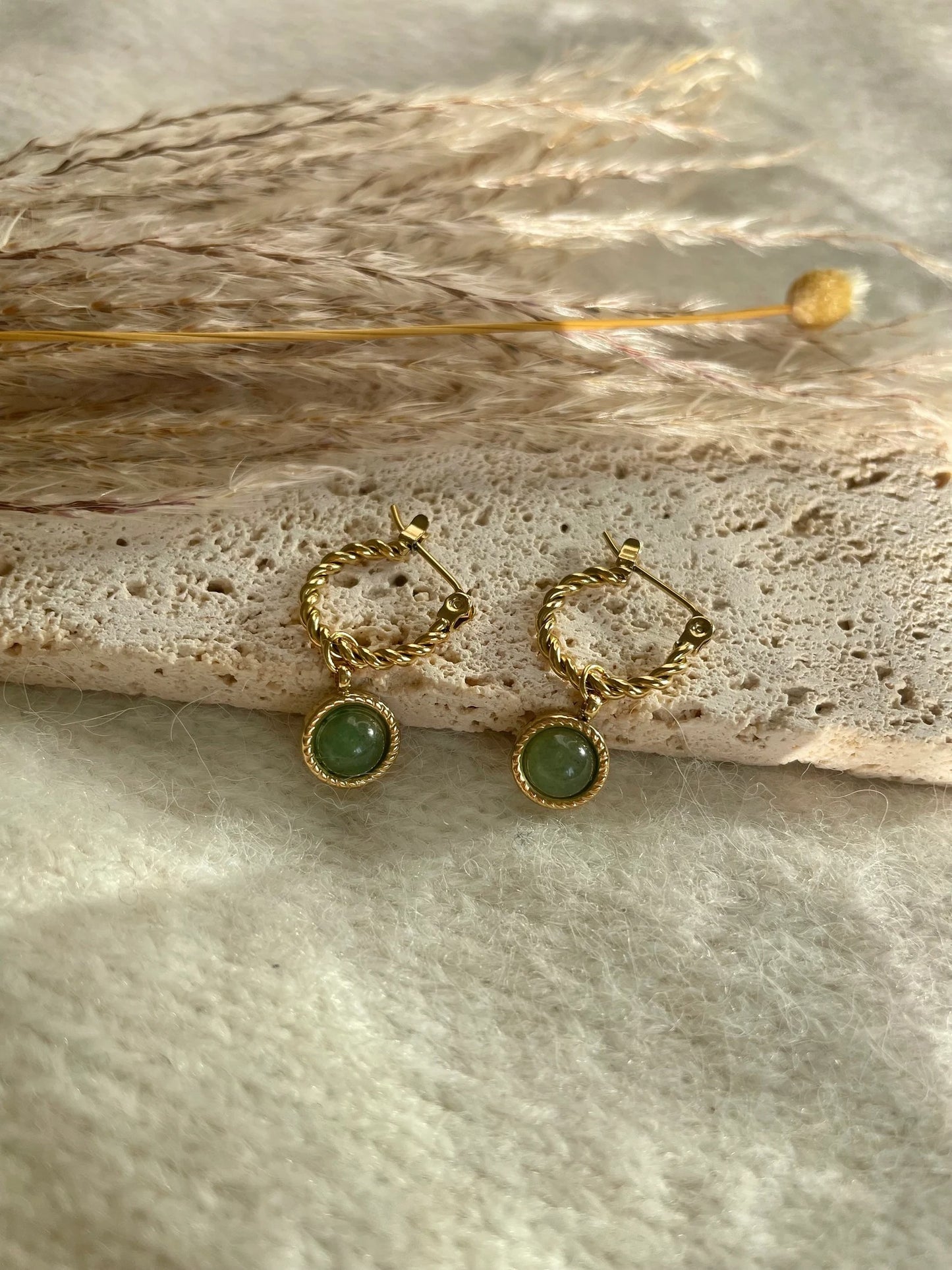 Twisted Huggie Hoop With Green Gemstone Earrings