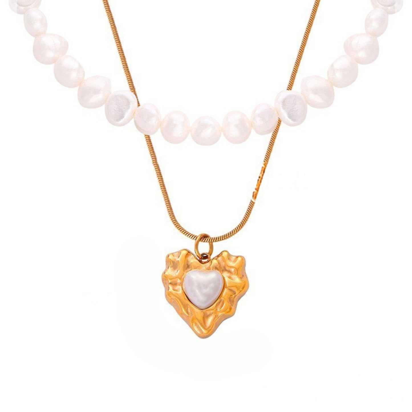 Natrual Pearl Heart Pendant With Layered Pearl Necklace