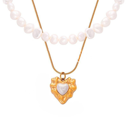 Natrual Pearl Heart Pendant With Layered Pearl Necklace