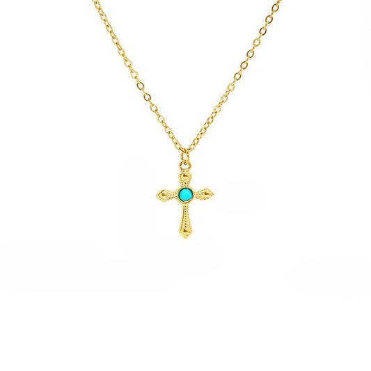 Cross With Turquoise Stone Pendant Necklace