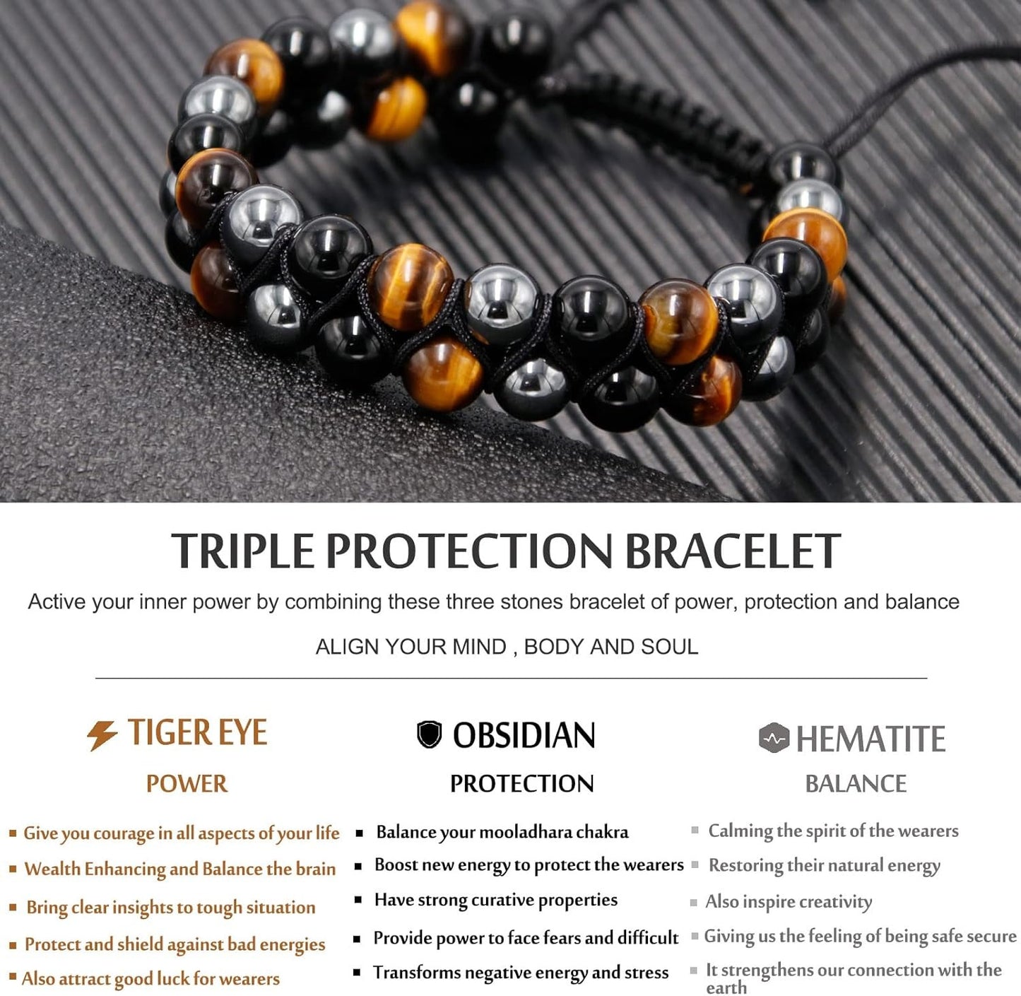 Triple Protection Crystal Bracelet - Tiger Eye, Obsidian & Hematite